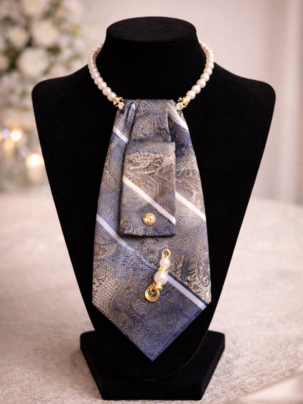 Blue Paisley Necktie with Pearl Handle and Gold Accents - Picture 2 of 3
